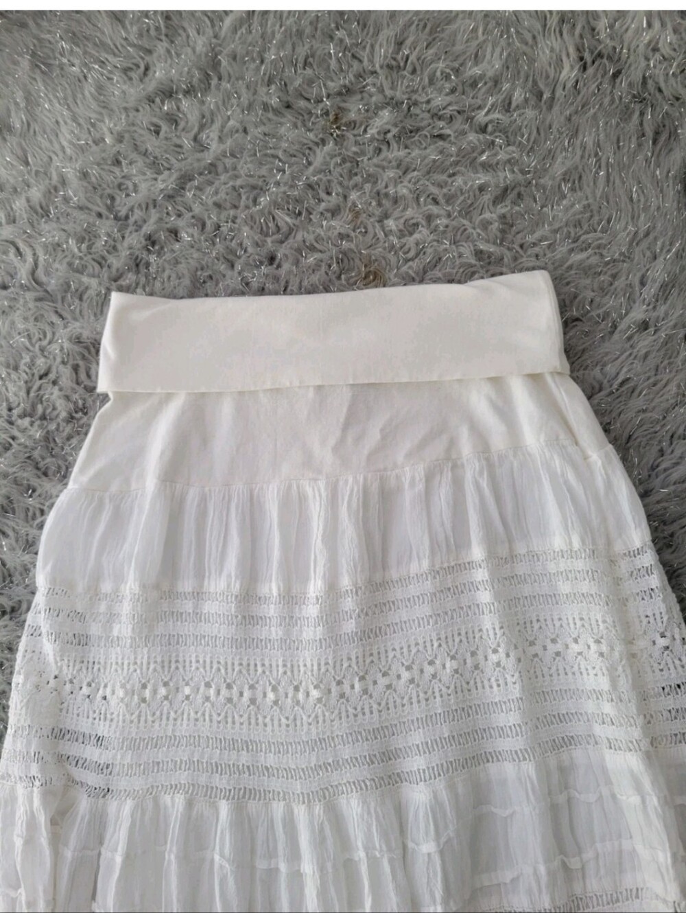 Vintage Y2k White Tiered Gauzy Maxi Skirt Fold Over Waist Crochet Lace Boho S - Picture 5 of 9